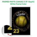White framed canvas softball wall art with a close-up view of the frame and yellow softball design