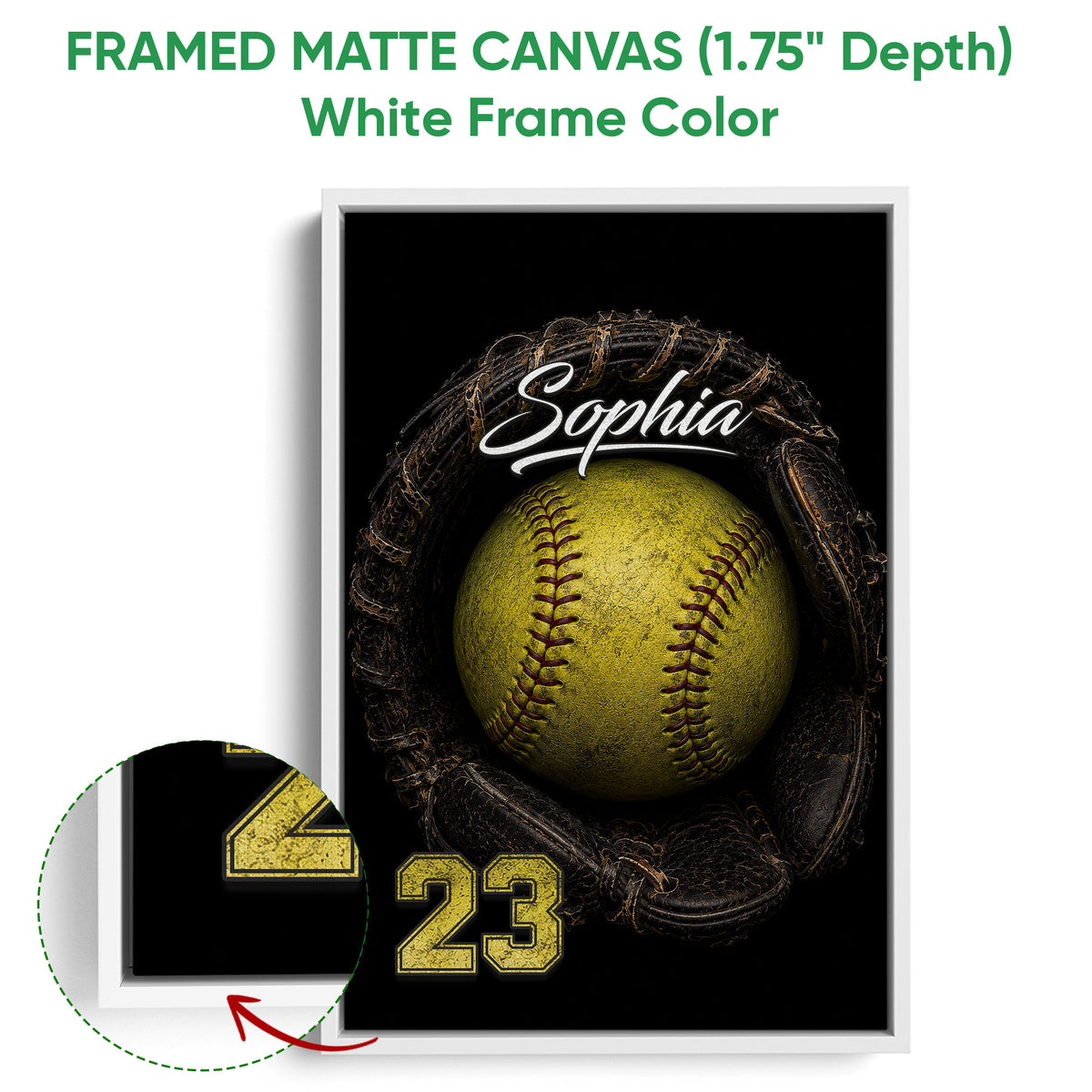 White framed canvas softball wall art with a close-up view of the frame and yellow softball design