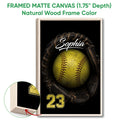 Natural wood framed softball wall art featuring a yellow softball and dark glove artwork