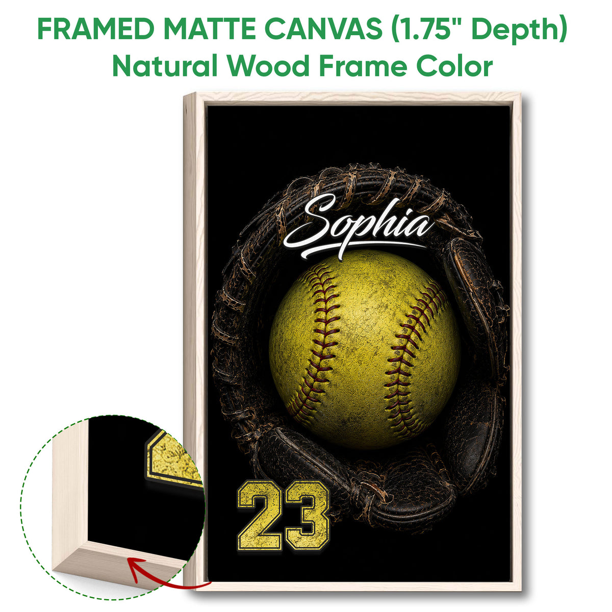 Natural wood framed softball wall art featuring a yellow softball and dark glove artwork