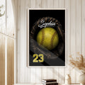 Softball wall art displayed in a bright room with white wood paneling and natural wood framing