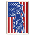 Framed motocross wall art showing a dirt bike rider in blue gear against a red, white, and blue flag design