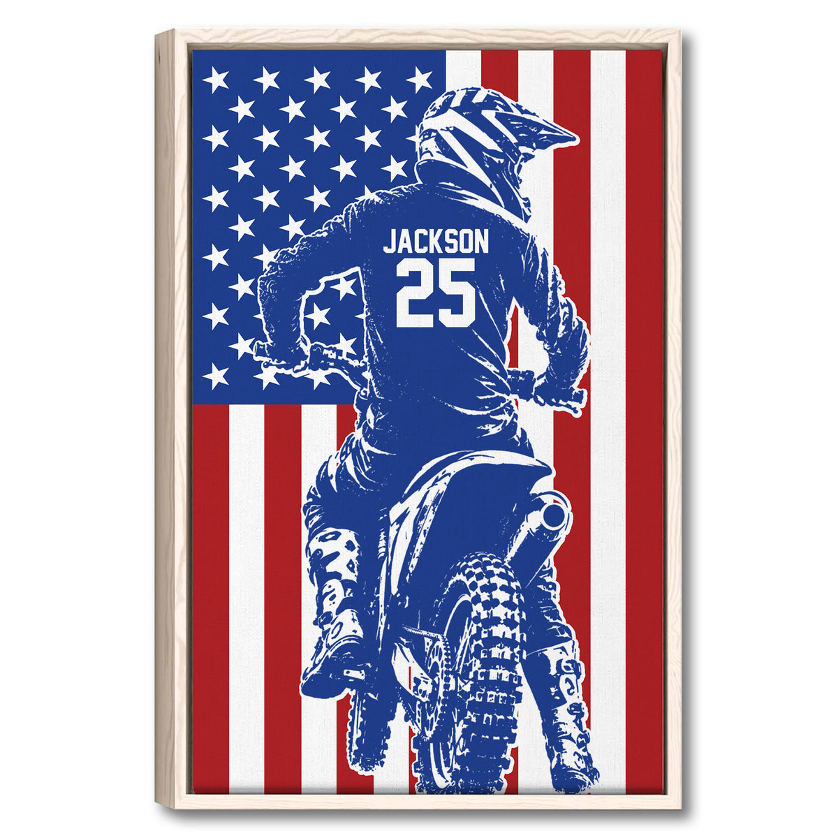 Framed motocross wall art showing a dirt bike rider in blue gear against a red, white, and blue flag design
