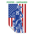 Unframed motocross poster featuring a helmeted dirt bike rider over a red, white, and blue flag background