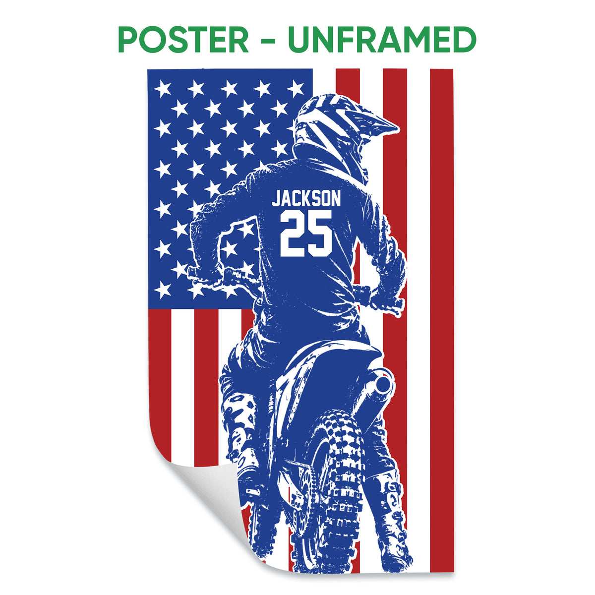 Unframed motocross poster featuring a helmeted dirt bike rider over a red, white, and blue flag background