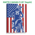 Matte canvas motocross wall art featuring a dirt bike rider and patriotic red, white, and blue design
