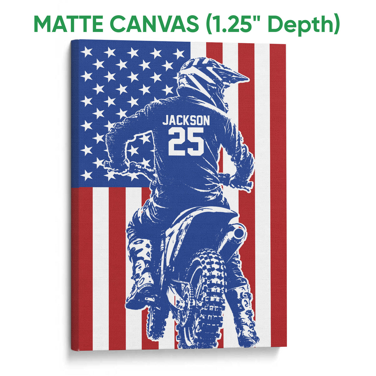 Matte canvas motocross wall art featuring a dirt bike rider and patriotic red, white, and blue design