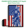 Framed matte canvas motocross wall art displayed with a black frame and close-up of the canvas edge