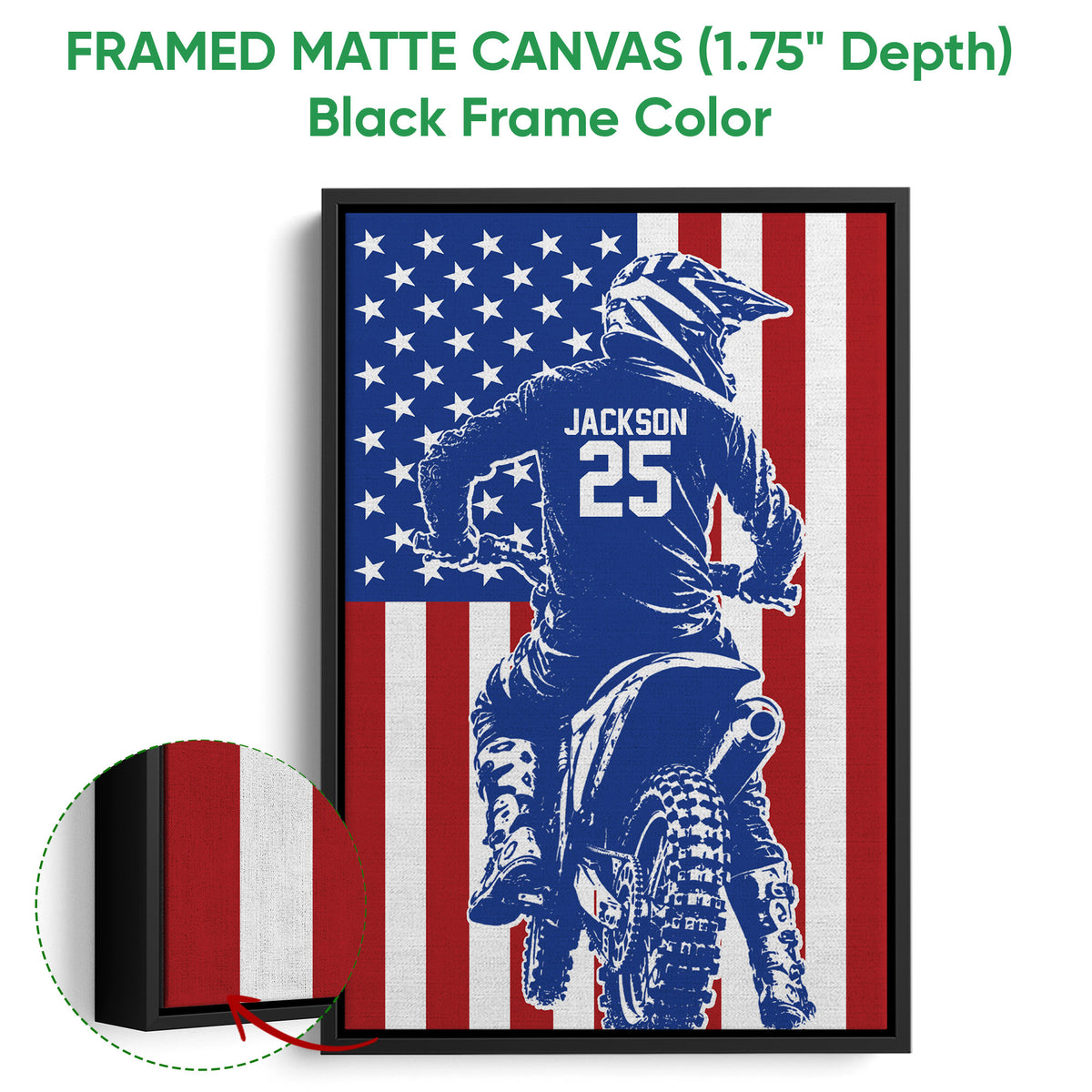 Framed matte canvas motocross wall art displayed with a black frame and close-up of the canvas edge