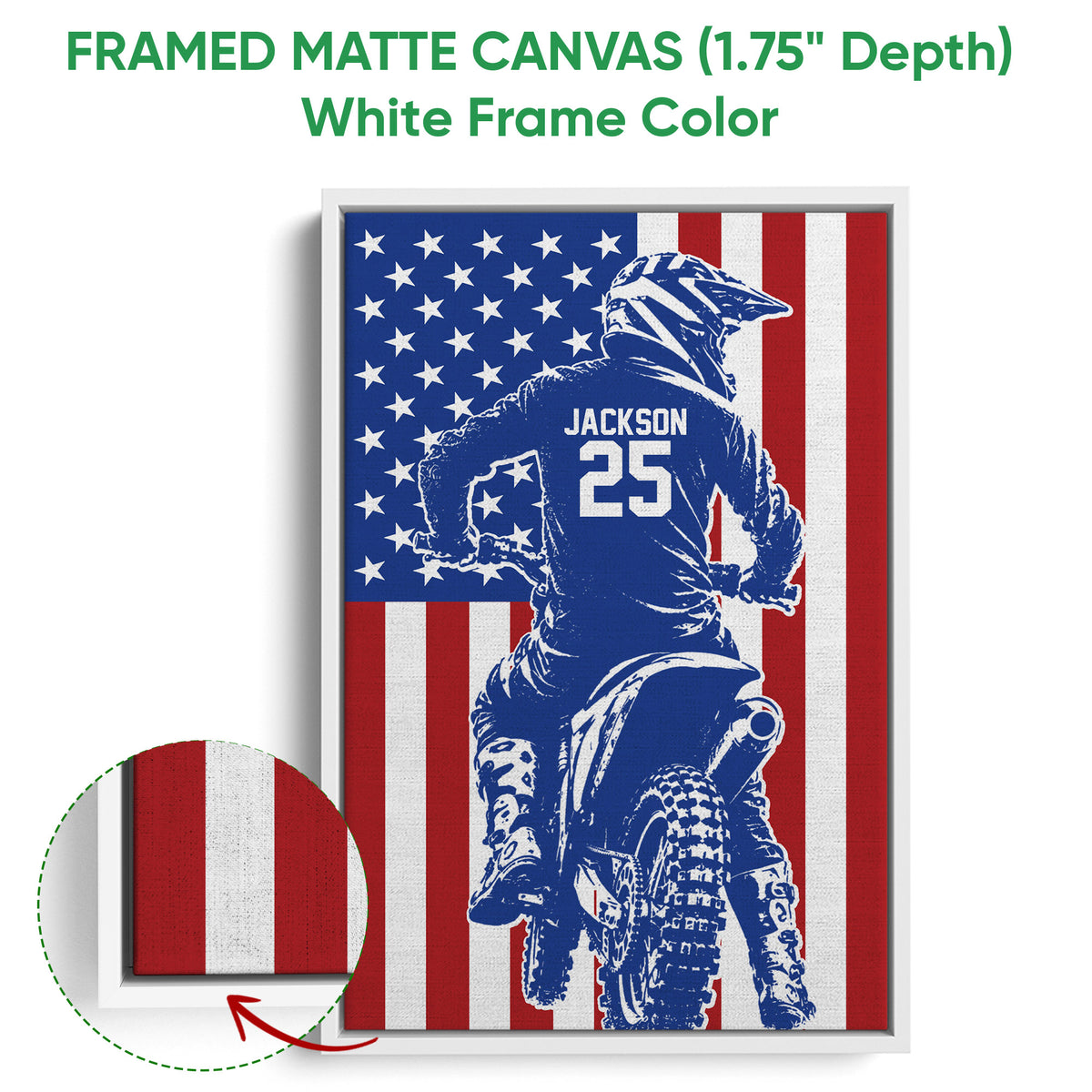 Framed matte canvas motocross wall art displayed with a white frame and close-up of the canvas edge