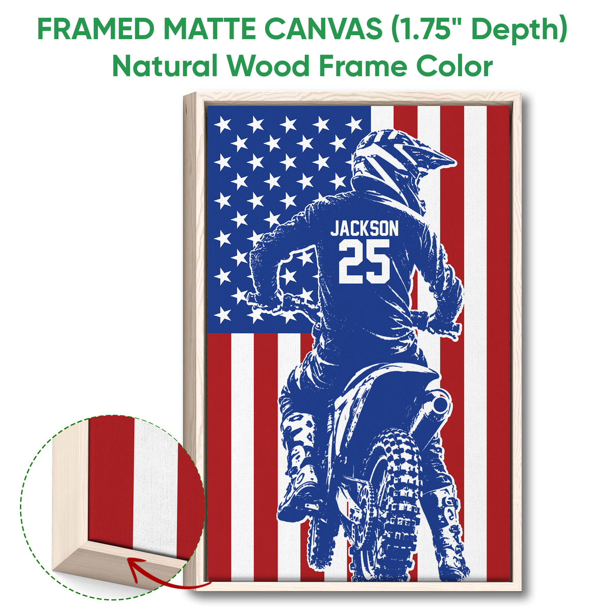 Framed matte canvas motocross wall art displayed with a natural wood frame and close-up detail
