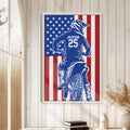 Motocross wall art displayed on a light wood-paneled wall in a bright home decor setting