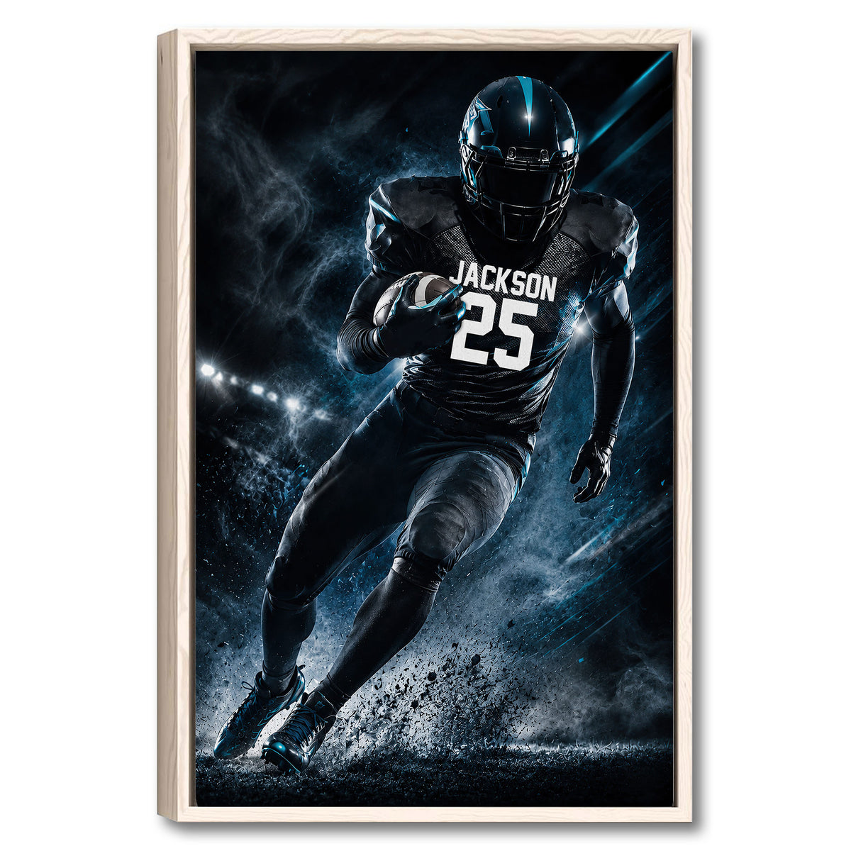 Framed football wall art showing a helmeted player running with the ball in a dramatic blue and black stadium scene