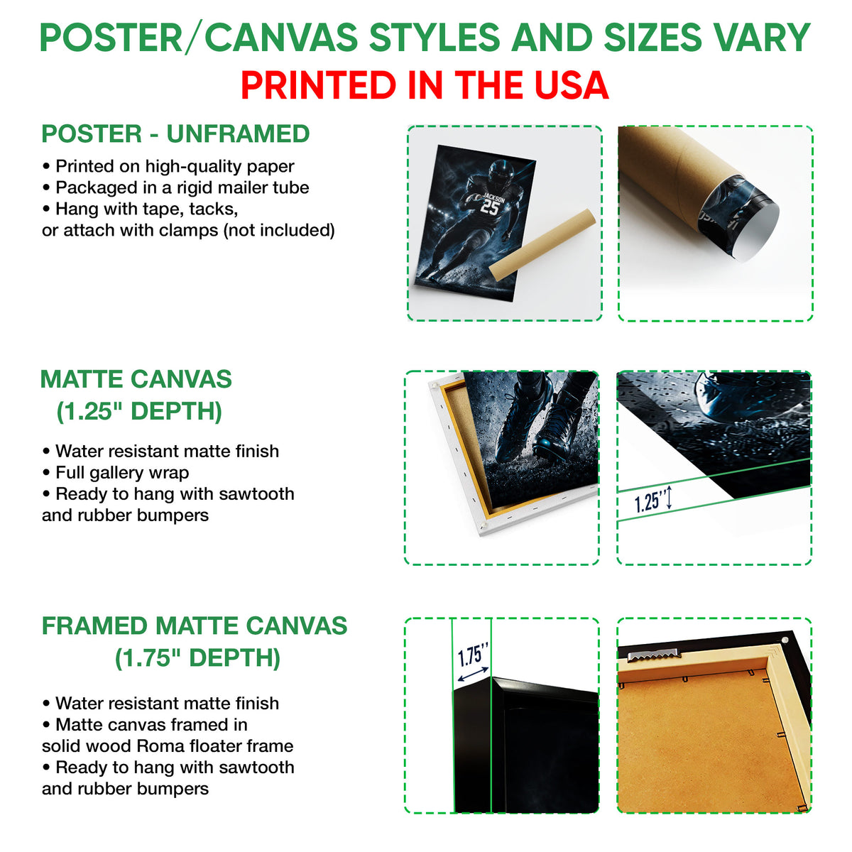 Poster and canvas wall art options guide featuring the football artwork in unframed, canvas, and framed presentations