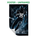 Unframed football poster displaying a helmeted player running through a dark, blue-lit stadium scene