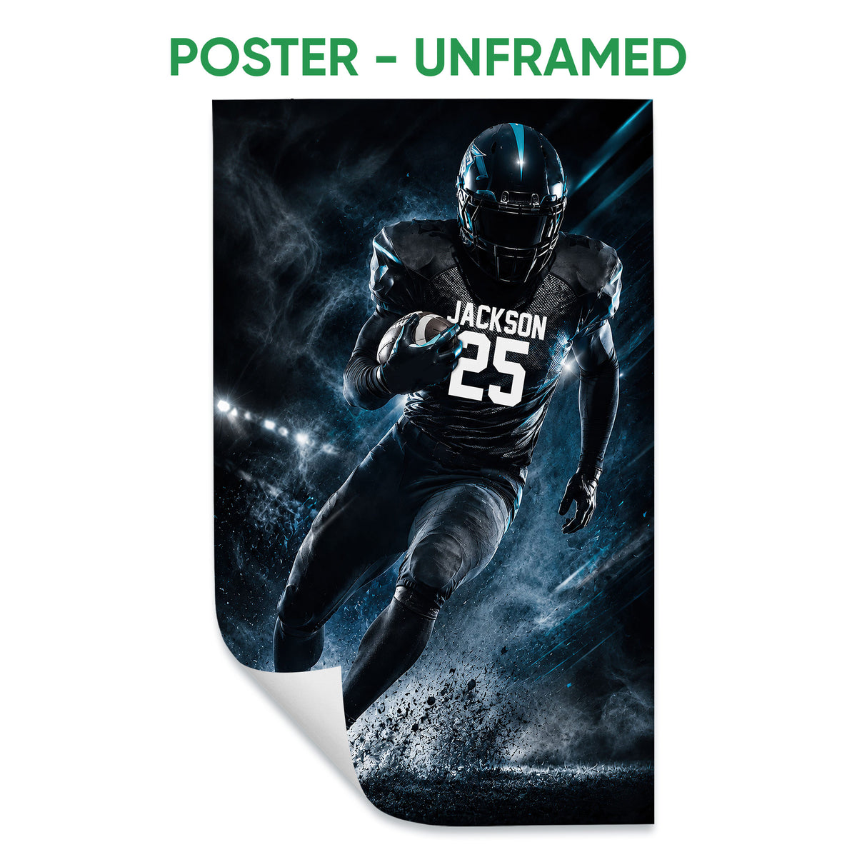 Unframed football poster displaying a helmeted player running through a dark, blue-lit stadium scene