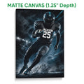 Matte canvas football wall art featuring an action player and dramatic stadium lighting in blue and black tones