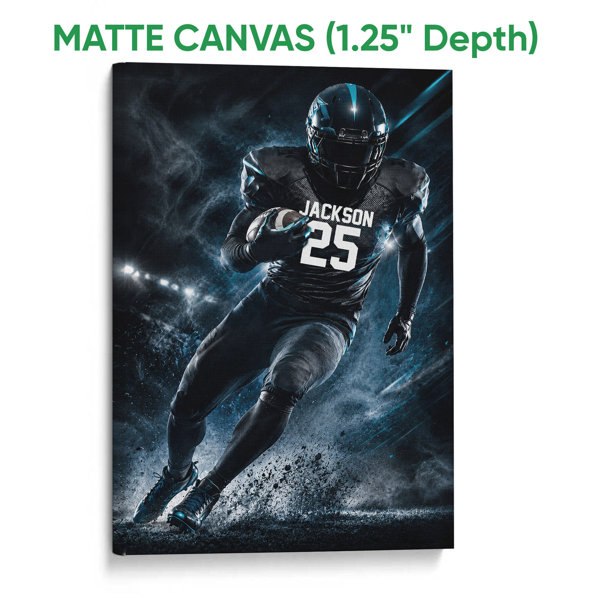 Matte canvas football wall art featuring an action player and dramatic stadium lighting in blue and black tones