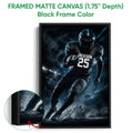 Framed matte canvas football wall art shown with a black frame and close-up detail of the printed artwork
