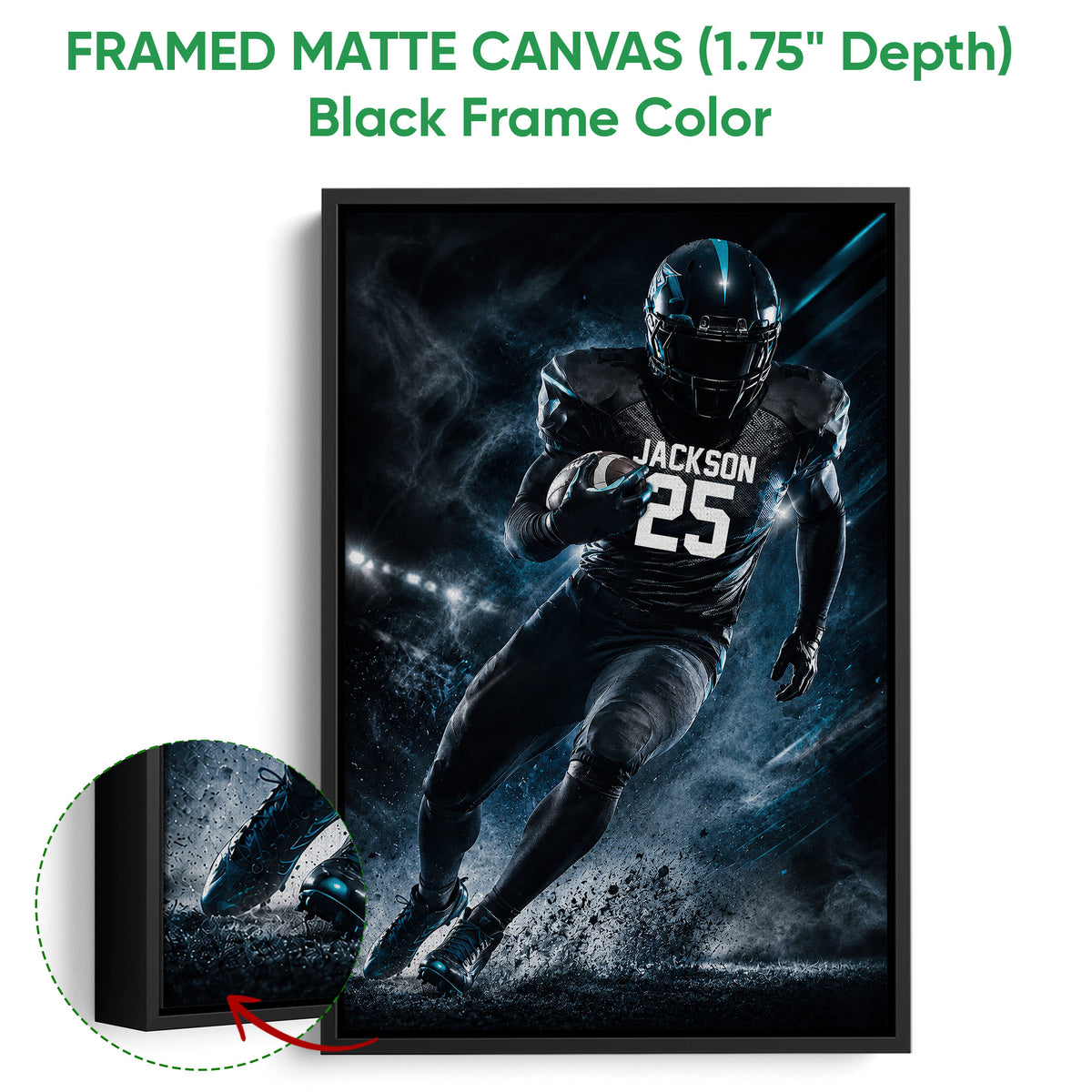 Framed matte canvas football wall art shown with a black frame and close-up detail of the printed artwork