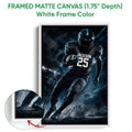 Framed matte canvas football wall art shown with a white frame and close-up detail of the canvas finish