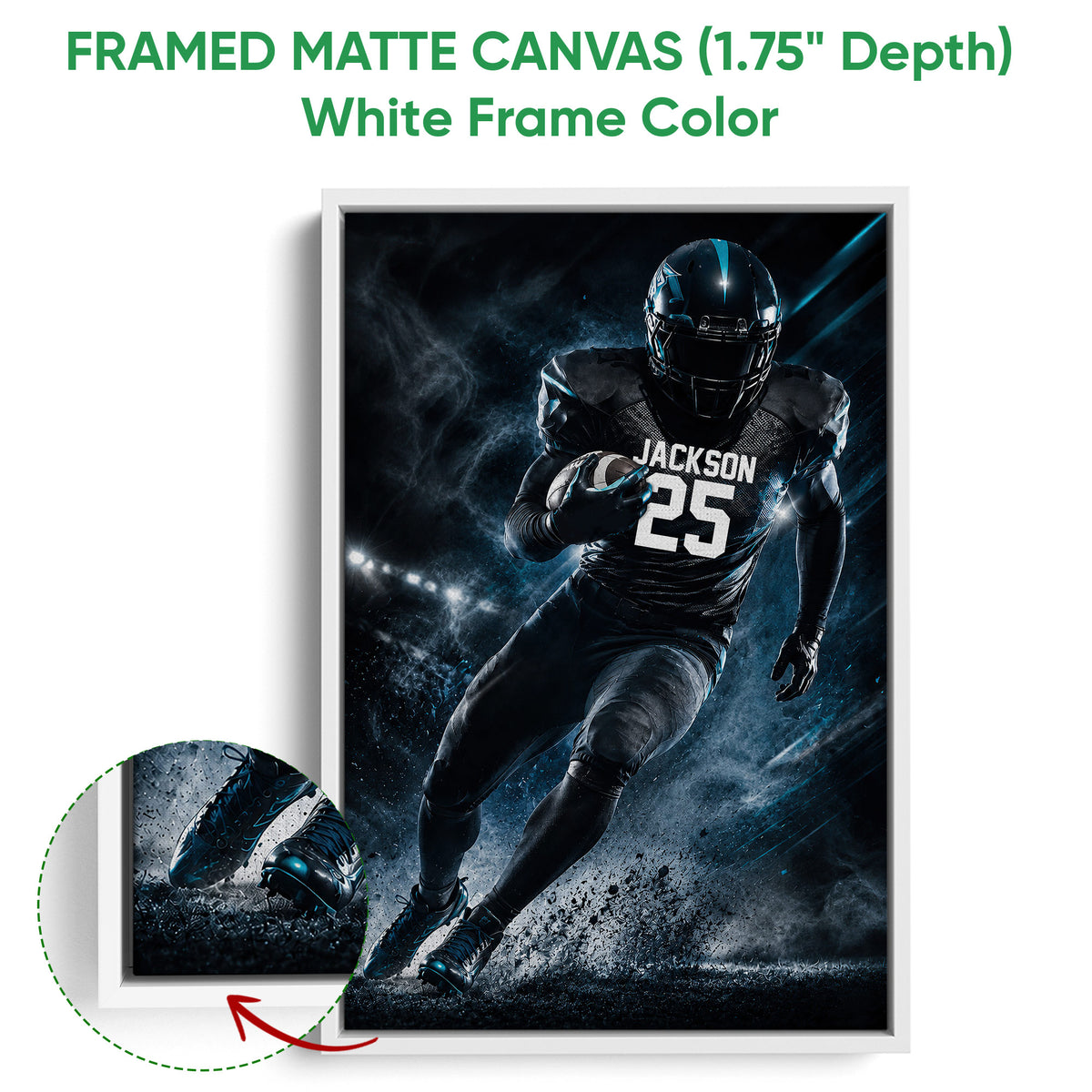 Framed matte canvas football wall art shown with a white frame and close-up detail of the canvas finish