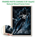 Framed matte canvas football wall art shown with a natural wood frame and close-up edge detail