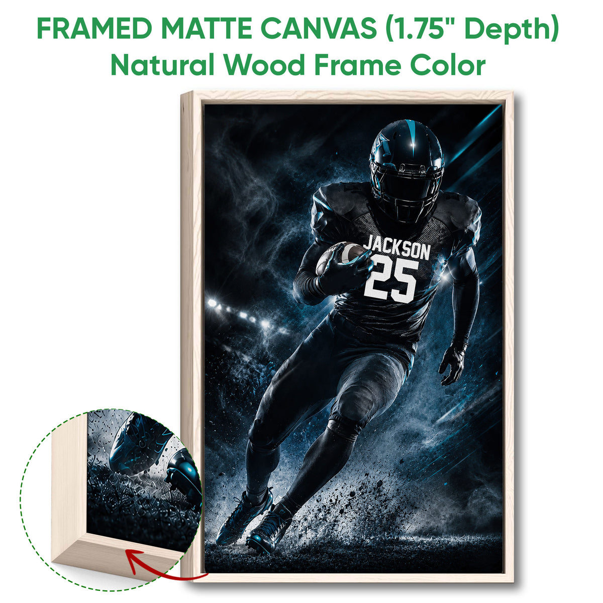 Framed matte canvas football wall art shown with a natural wood frame and close-up edge detail
