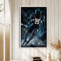 Football wall art displayed in a bright home interior with white wood paneling and natural wood frame