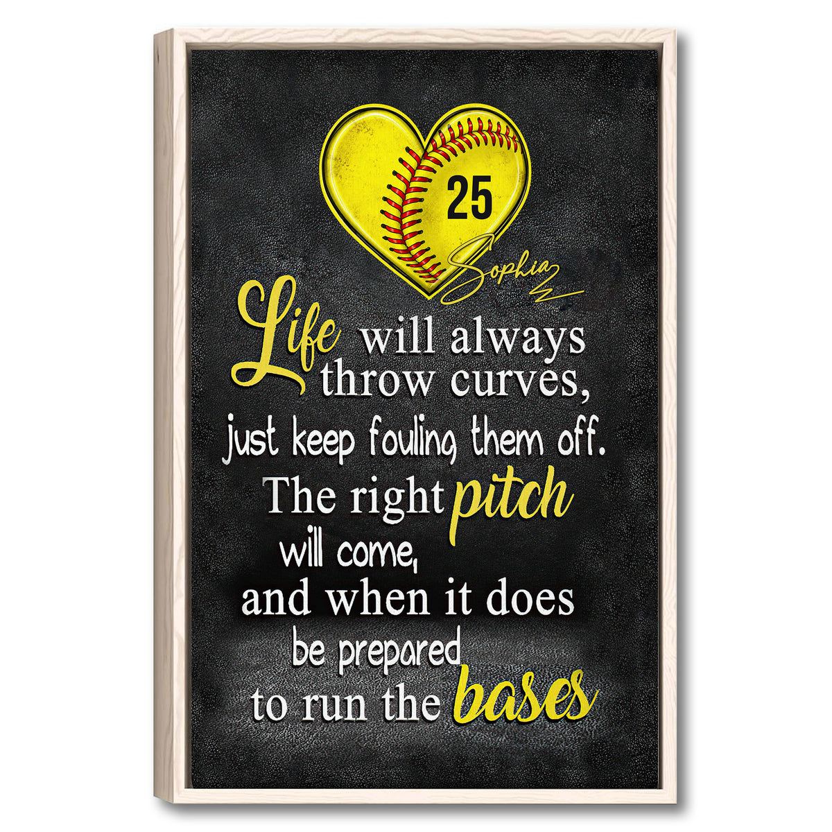 Framed softball wall art featuring a yellow heart-shaped softball and motivational sports quote