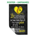 Unframed softball poster with a yellow heart-shaped softball and motivational quote on a black background