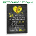Matte canvas softball wall art displaying a yellow heart-shaped softball and inspirational quote