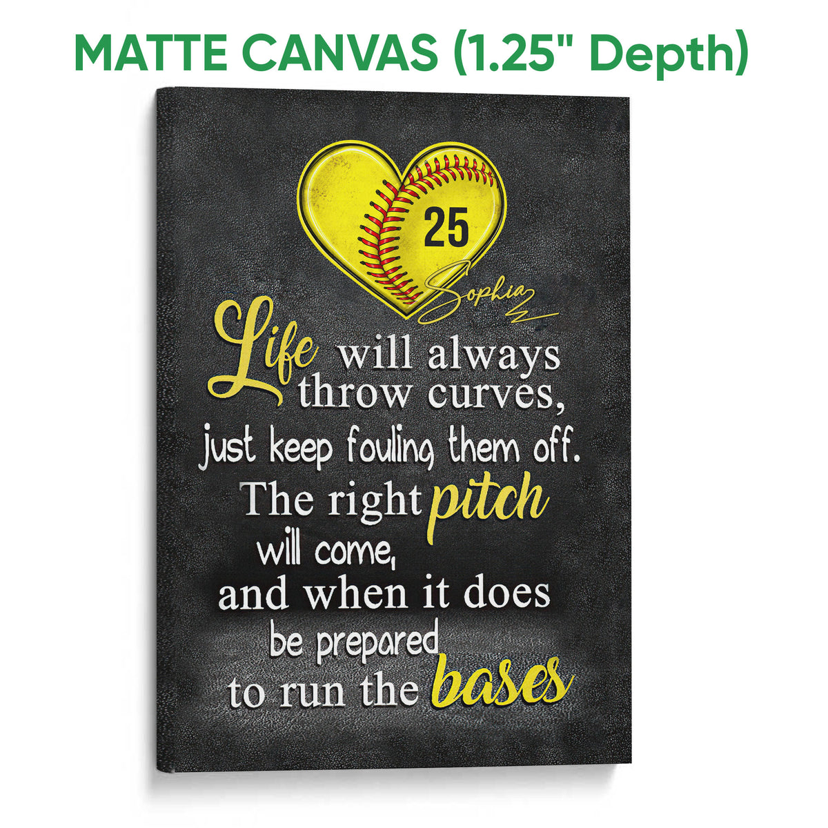 Matte canvas softball wall art displaying a yellow heart-shaped softball and inspirational quote