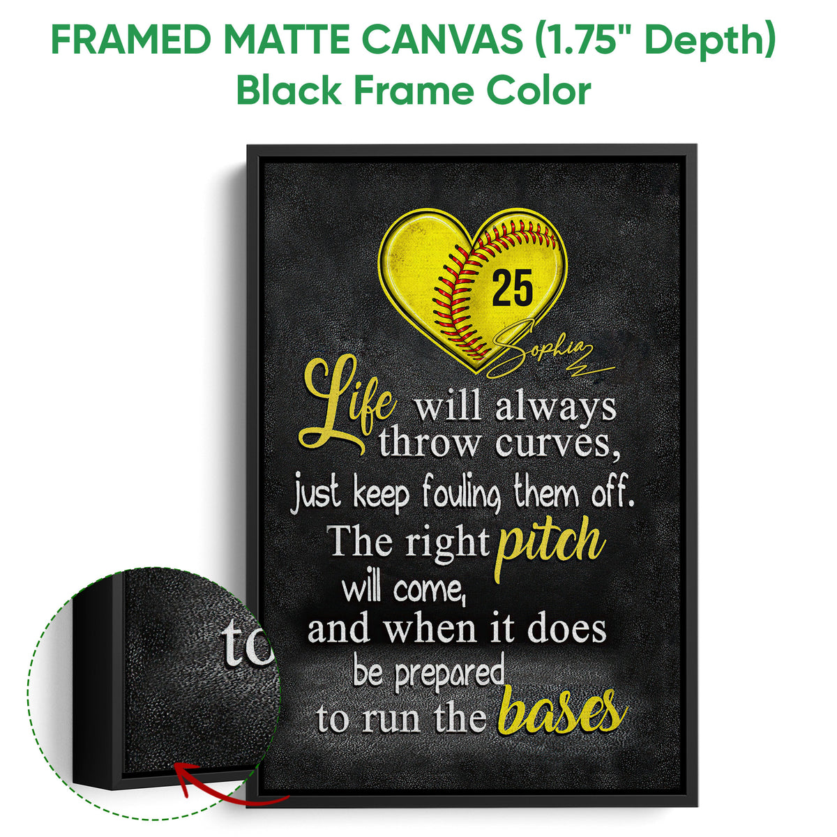 Black framed softball wall art with a yellow heart-shaped softball and bold white and yellow lettering