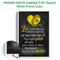 White framed softball wall art with a yellow heart-shaped softball and inspirational sports message