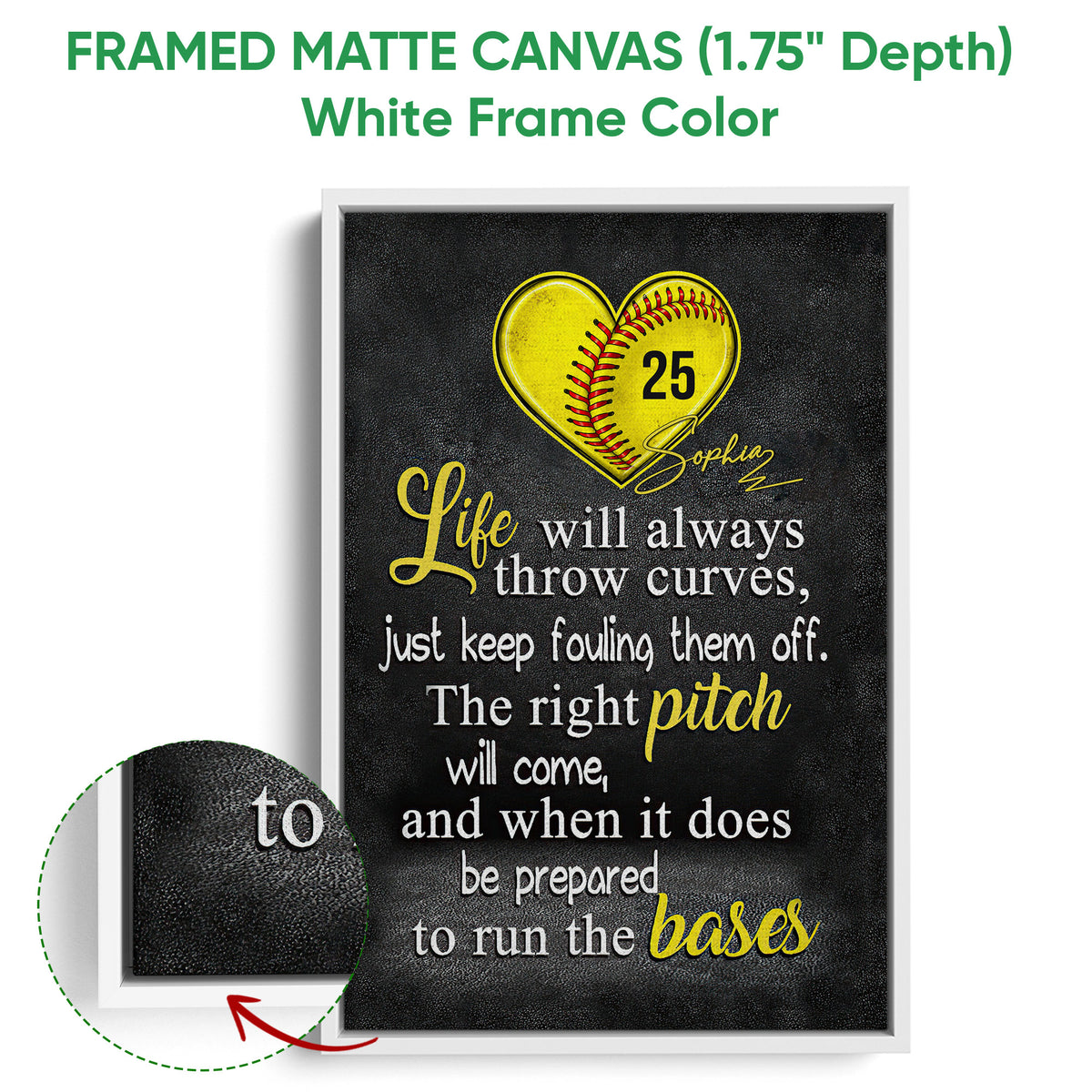White framed softball wall art with a yellow heart-shaped softball and inspirational sports message