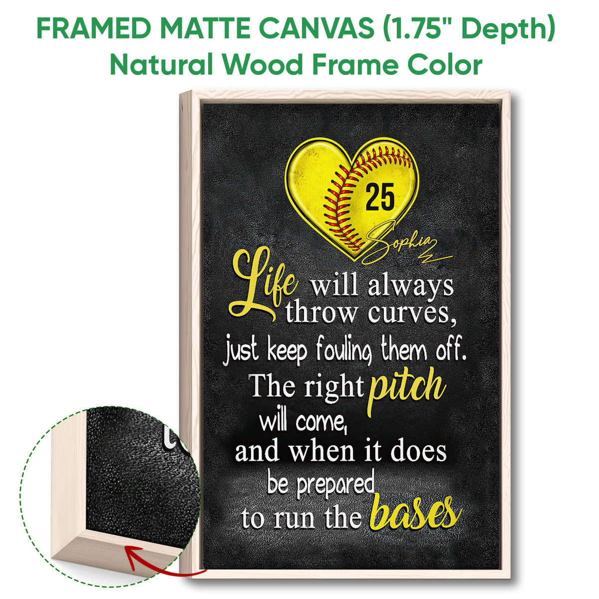 Natural wood framed softball wall art with a yellow heart-shaped softball on a black background