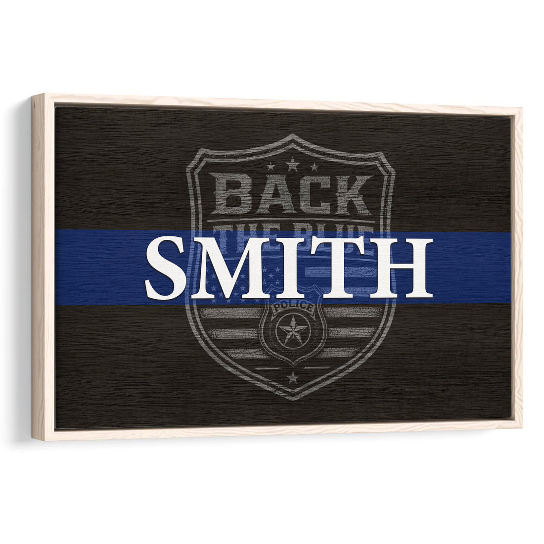 Framed police wall art with a blue stripe, badge emblem, and dark wood-style background
