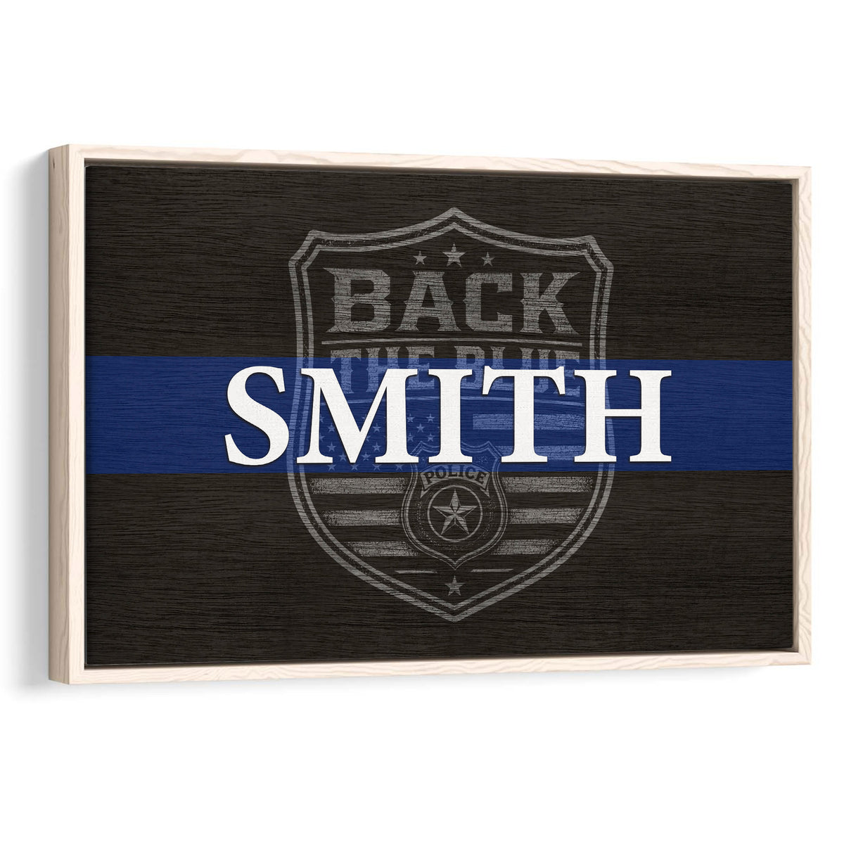Framed police wall art with a blue stripe, badge emblem, and dark wood-style background