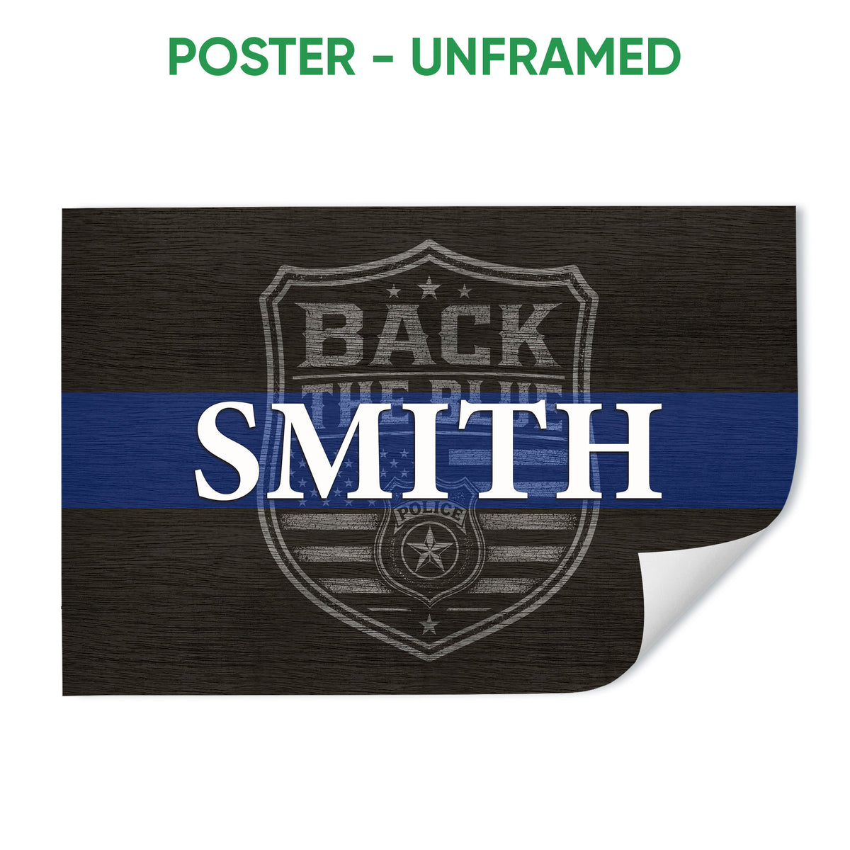 Unframed police poster featuring a blue stripe, shield badge emblem, and dark wood-style background