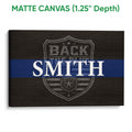 Matte canvas police wall art with a blue stripe and distressed shield badge design