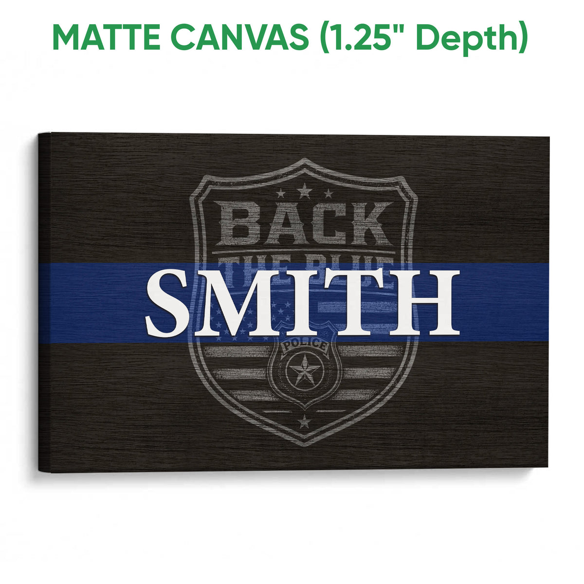 Matte canvas police wall art with a blue stripe and distressed shield badge design