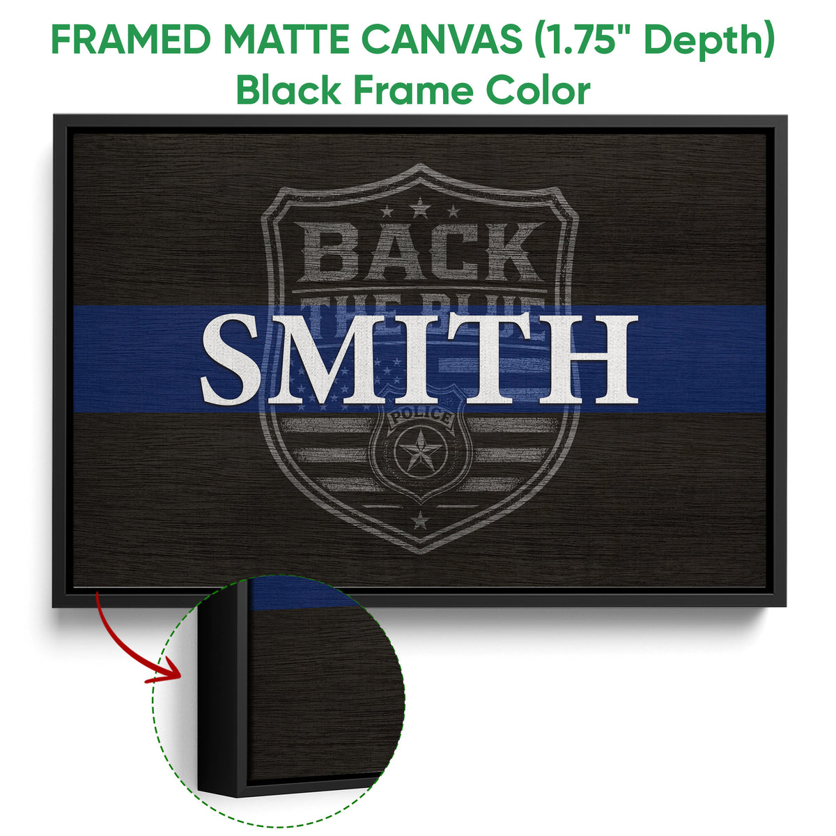 Black framed canvas police wall art with a blue stripe and badge emblem