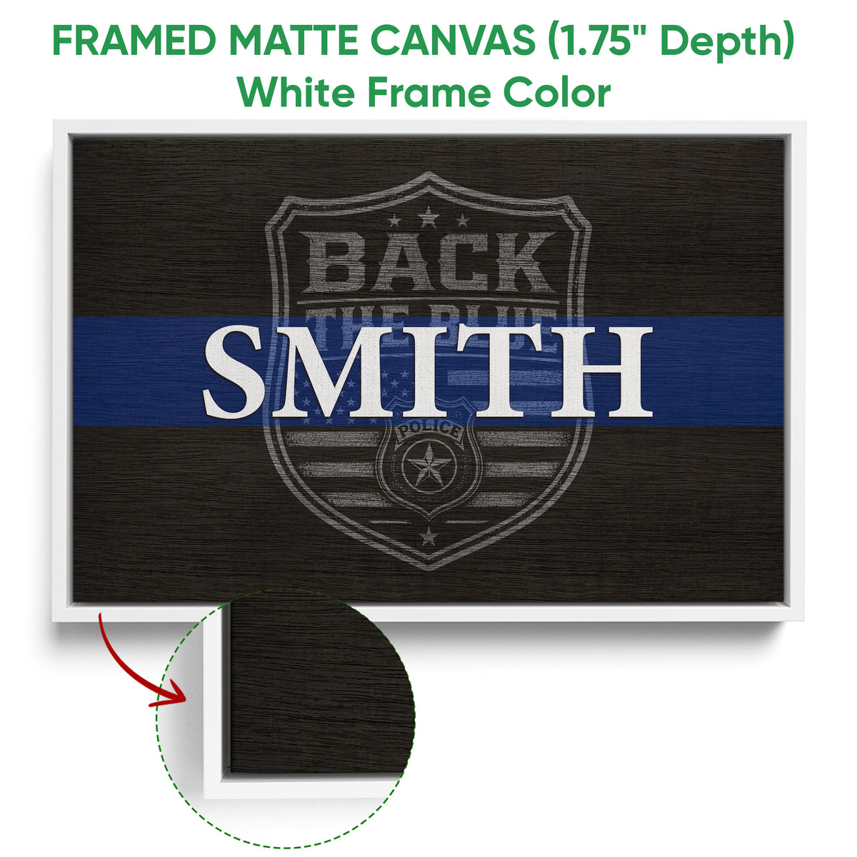 White framed canvas police wall art with a blue stripe and shield badge design