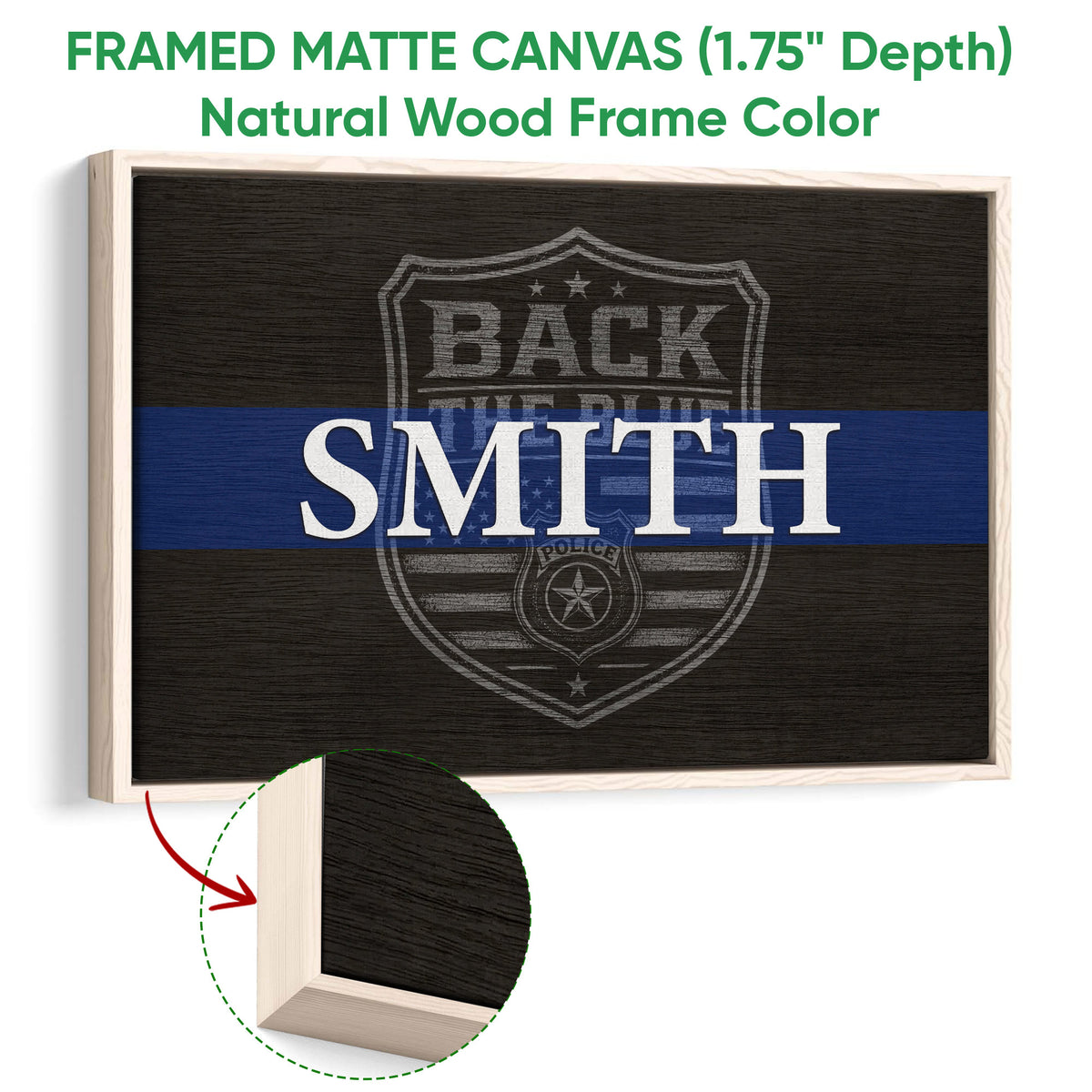 Natural wood framed police wall art with a blue stripe and dark shield badge