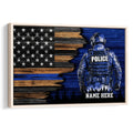 Framed police wall art featuring an officer silhouette, American flag design, and blue, black, and wood tones