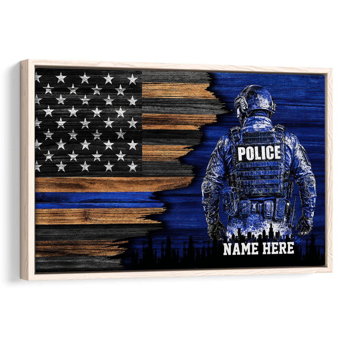 Framed police wall art featuring an officer silhouette, American flag design, and blue, black, and wood tones