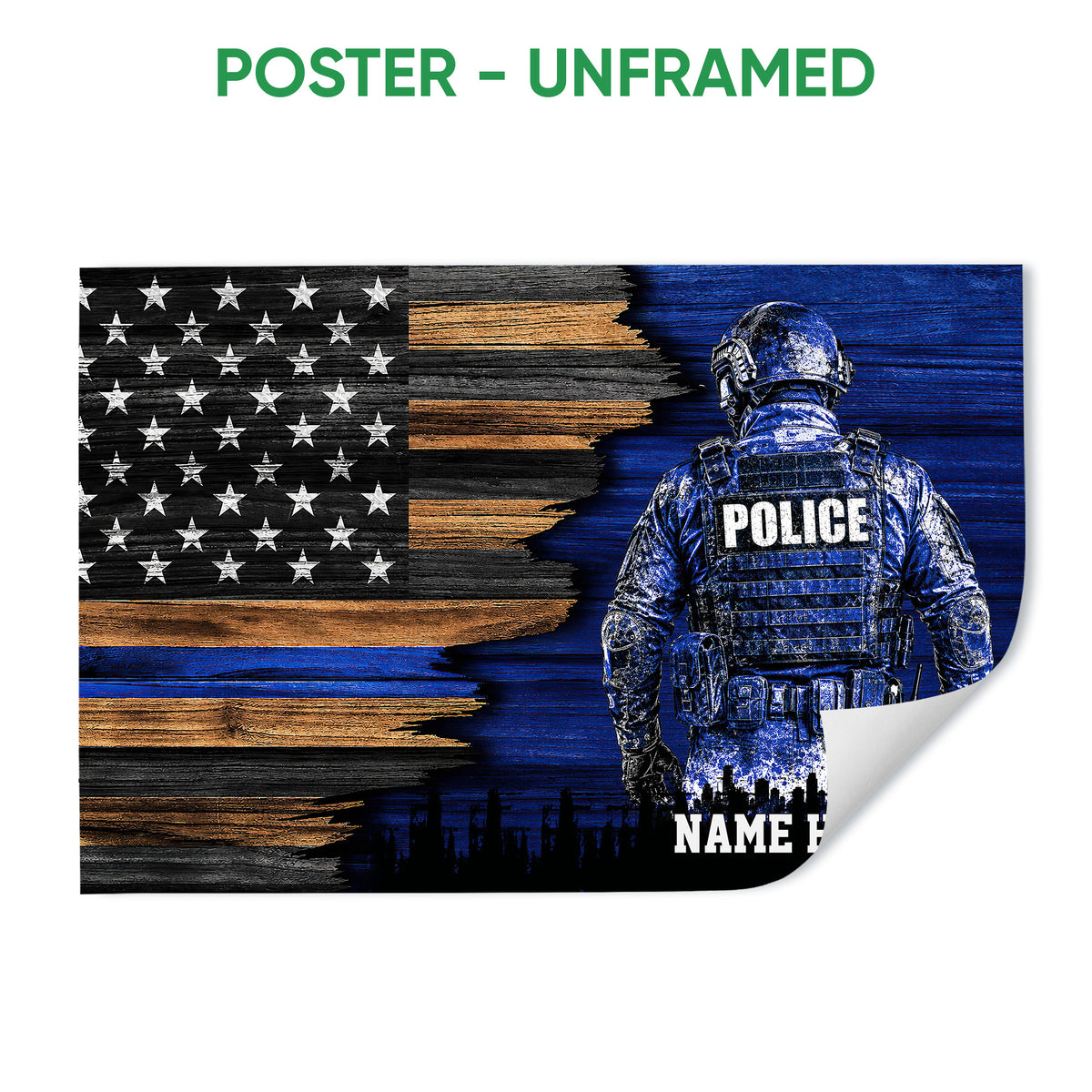 Unframed police poster featuring a blue-toned officer, distressed American flag, and dark patriotic design