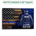 Matte canvas police wall art featuring a blue-toned officer and distressed American flag artwork