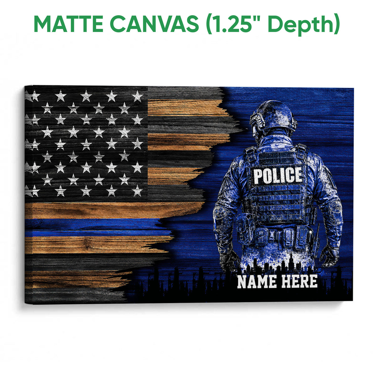 Matte canvas police wall art featuring a blue-toned officer and distressed American flag artwork